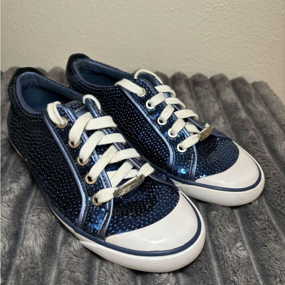 Coach Women's EUC Navy Blue Sequin Sneakers with Navy Leather & white trim. Sz 6